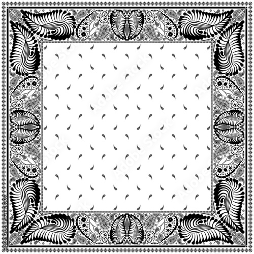 Bandana paisley square ethnic floral hand drawn pattern.Ornament classic vintage vector elements black on white background.Design for scarf,headscarf,kerchief,hijab,tablecloth,print fabric,decoration.