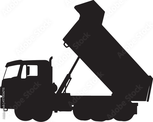 PrintSilhouette of a dump truck with its bed raised against a light background