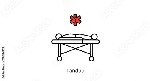 Illustration of a patient on a medical gurney with emergency symbol above