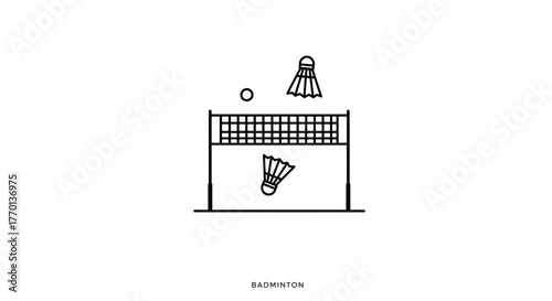 Minimalist badminton court illustration featuring net, shuttlecocks, and a ball
