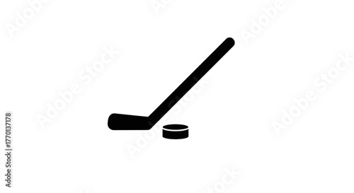 Minimalist illustration showcasing a hockey stick and puck on a white background