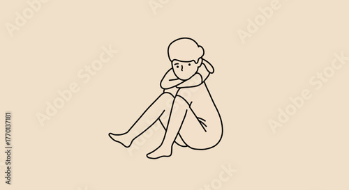 Minimalist line art depicting a sad or contemplative woman sitting alone