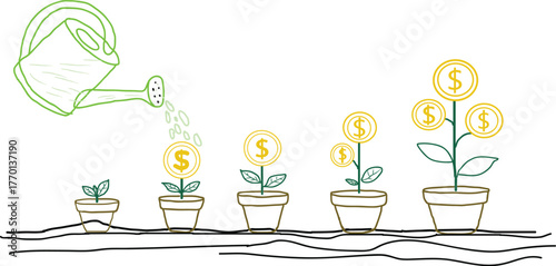 Continuous Line Drawing of Watering Plant Growing into Money Tree | Business Investment Growth Concept Vector Illustration