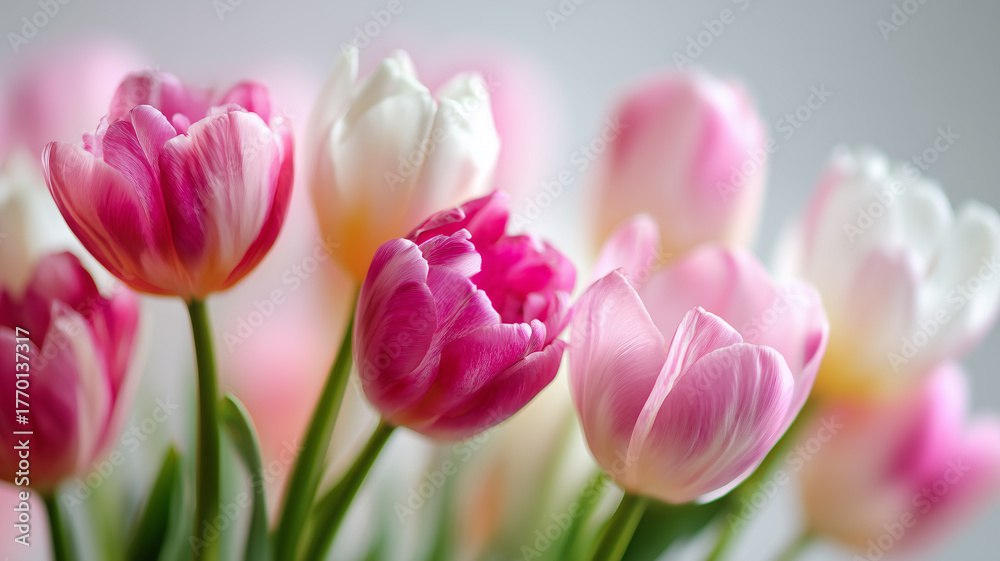 Fototapeta premium 春のパステルカラーのチューリップブーケ、優しく明るい背景とコピースペース（お祝い、季節）