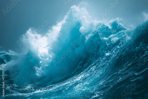 Fototapeta Naklejka Na Ścianę i Meble -  Powerful ocean wave crashing with white foam and deep blue water nature