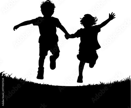Black and White Vector Silhouette: Two Children (Boy and Girl) Running and Holding Hands Over a Grassy Hill. Representing Pure Childhood Joy, Friendship, Freedom, and Energy.