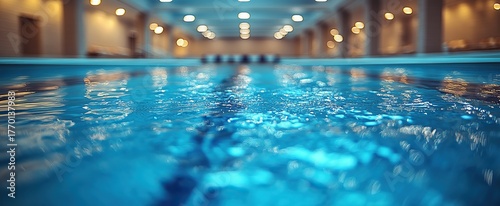 Close-up view of a swimming pool's surface, showing ripples and subtle light reflections.  The background is a blurred indoor pool area with soft lighting
