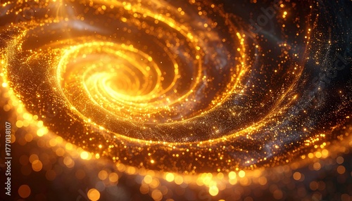 Vibrant golden particle vortex with dazzling light and sparkling glow creating a dynamic abstract energy flow background.