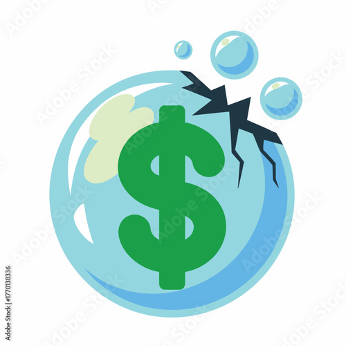 Financial Bubble Bursting Cracking Dollar Sign Inside a Soap Bubble, Economic Instability Concept Illustration