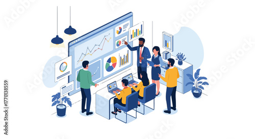 Team Meeting Vector – Business Discussion and Data Analysis - Business Team Analytics Presentation and Strategy Planning Graphic data metric
