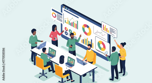 Meeting Business Discussion and Data Analysis - Business Team Analytics Presentation and Strategy Planning Graphic data metric