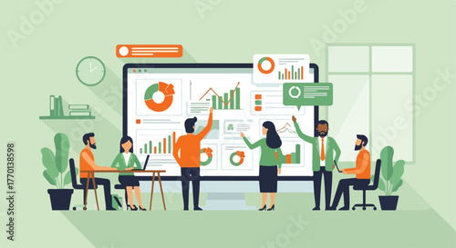 Analyst Meeting Business Discussion and Data Analysis - Business Team Analytics Presentation and Strategy Planning Graphic data metric