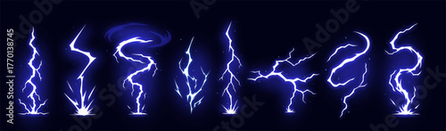 Manga thunder effect shows comic bolt lightning vector strike. Manga thunder flow and storm bg work as electric ray asset. Digital vfx sprite for game magic hit, cartoon energy or anime attack.
