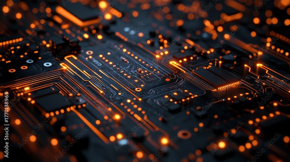 Obraz premium Intricate circuit board, glowing LEDs, copper traces, silicon chips, complex wiring, data flow visualization, dark background, technological aesthetic, close-up, detailed textures.