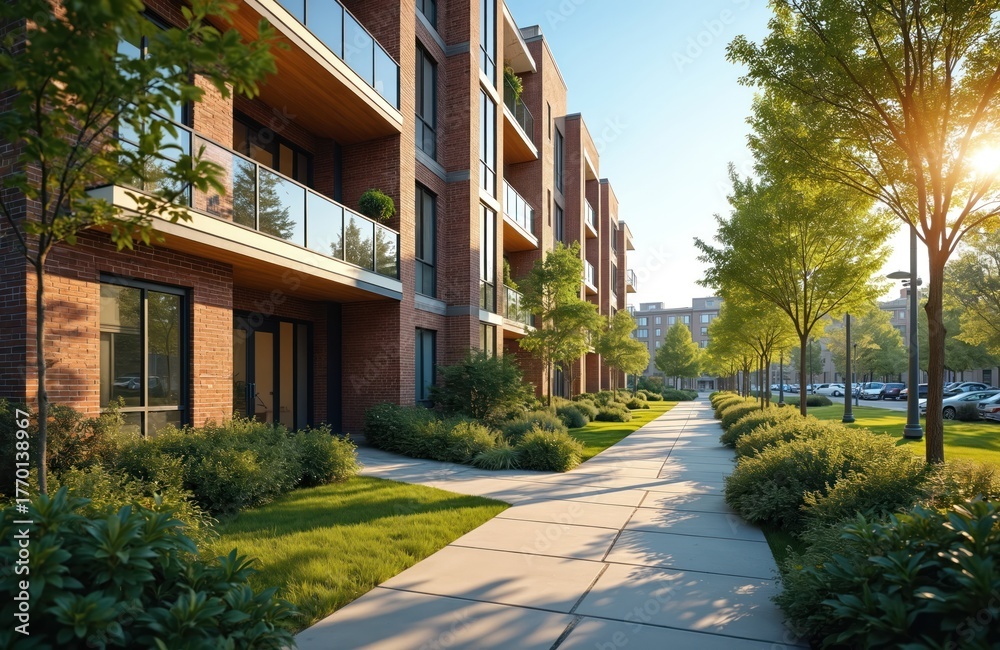 Fototapeta premium Modern apartment building exterior with landscaped path and green areas. Sunny day shot of contemporary residential architecture with trees. Urban living real estate property lifestyle concept.