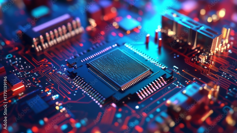 Fototapeta premium Close-up microchip, transistors, integrated circuit, semiconductor technology, nanotechnology, detailed structure, scientific visualization, electronic components, complex design.