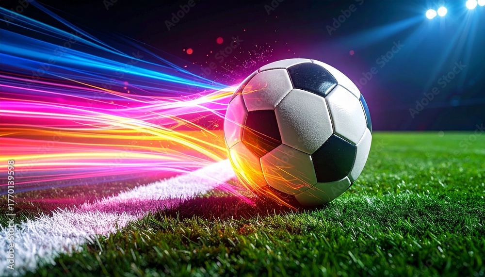 Obraz premium Vibrant soccer ball with dynamic glowing light streaks on a green stadium pitch under bright field lights.