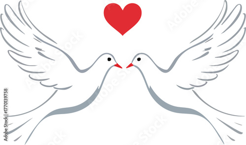 Two white doves with red heart and spread wings isolated on white background for love and unity vector design