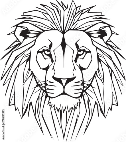 Lion head icon—black-and-white vector illustration of stylized geometric mane and bold facial features for symbolic and animal themes