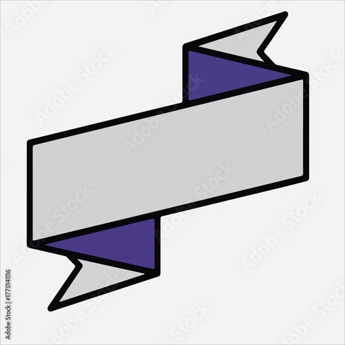 A gray and purple ribbon banner graphic with a black outline on a white background.