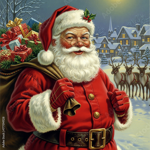 Classic realistic illustration of Santa Claus carrying a sack full of Christmas gifts, smiling warmly on a snowy winter night. Reindeer and cozy village houses appear in the background