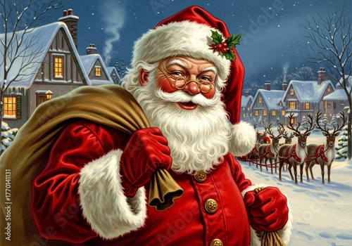 Realistic illustration of Santa Claus holding a gift sack on a snowy Christmas night, with reindeer and cozy village houses in the background. Warm lighting and festive atmosphere create a traditional