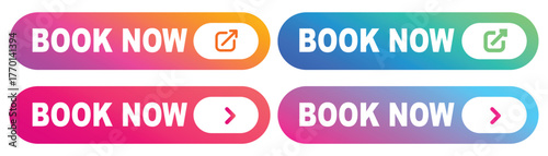 Book Now Button Vector – Modern Booking Label Badge. Vector Illustration for Travel and Reservation Marketing