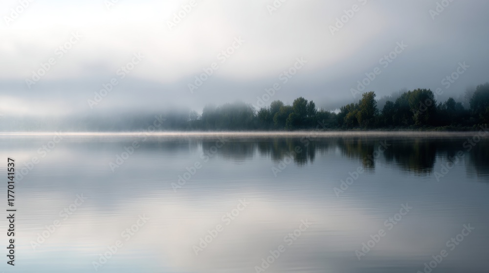 Obraz premium Landscape photograph of a calm lake. the sky is overcast and the water is still, creating a mirror-like effect.