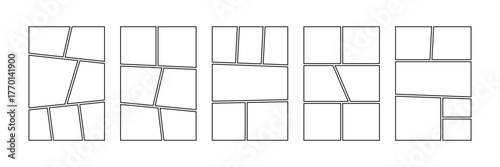 Comic book panels set. Manga collage blank template. Storyboard layout panel. Empty page line frame for photo collage. Comic book board mockup. Vector illustration isolated on white background.