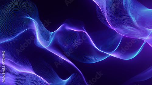 青と紫の抽象的な波形：テクノロジー・AI・データ通信をイメージした背景