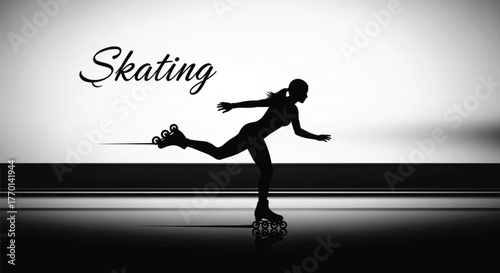 Vector Silhouette of a Woman Inline Skating or Rollerblading in a Dynamic Action Pose with "Skating" Text on a Black and White Background.