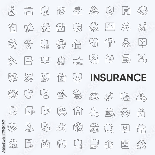 Insurance icons set featuring symbols for insurance policy, premium payment, coverage, claims process, risk management, deductible, insured, and liability. Vector outline stock.