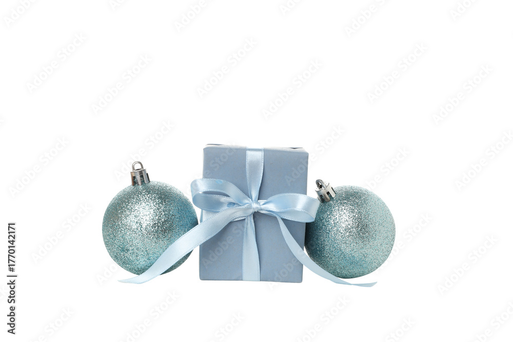 Obraz premium Blue-ribboned gift with ornaments around it, on white, PNG