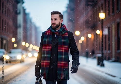 Photo of a stylish man with a beard is walking down a snowy street in a black coat and a colorful scarf in the winter season