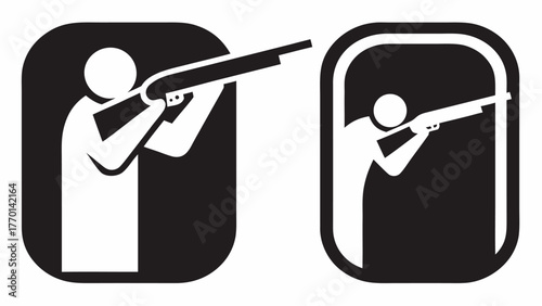 Bold hunting icon set shows focused sportsman aiming shotgun, perfect for outdoor adventure brands, game reserves, or shooting sports marketing materials