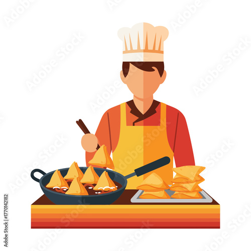 Indian Street Food Vendor Cooking Samosa Snack Market Stall Vector Illustration