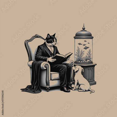 Anthropomorphic cat in suit reading book next to dog and aquarium