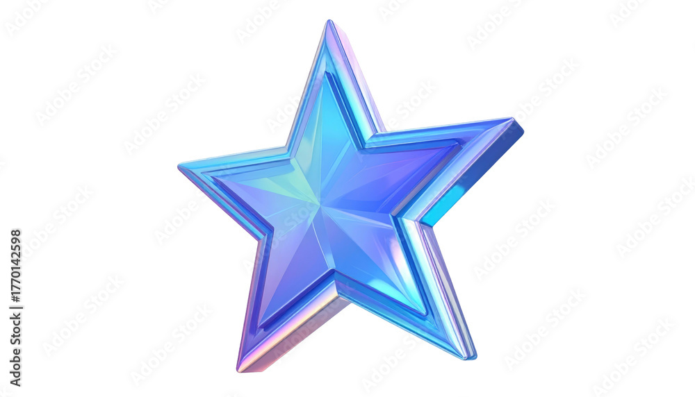 Obraz premium Luminous, iridescent 3D star with complex facets, glowing with a cool, otherworldly light against a stark black background