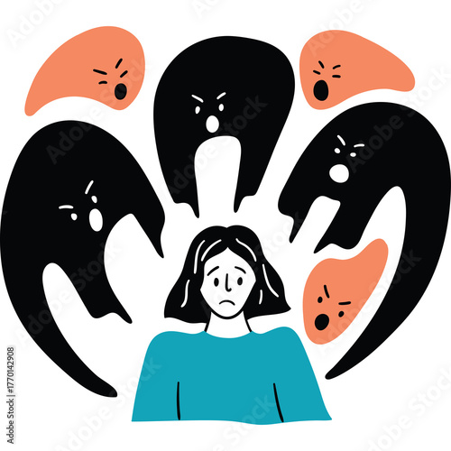 Foto Sad Woman Surrounded By Angry Monsters Representing Mental Health Problems And A