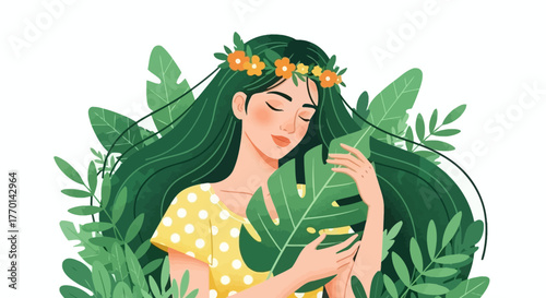Serene Woman in Nature Embracing Greenery and Natural Beauty in a Botanical Paradise