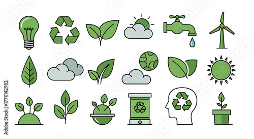 Eco-Friendly Icons Sustainable Living, Recycling, and Renewable Energy Illustrations