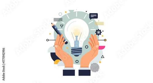 Creative Idea Concept Hands holding lightbulb with pencil, representing innovation and solutions