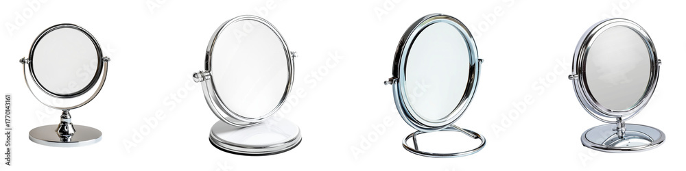 Fototapeta premium Identical chrome cosmetic mirrors showcase different base styles on a transparent background Generative AI