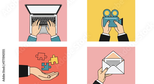 Diverse Set of Digital Interaction Icons Typing, Filming, Problem-Solving, and Emailing Activities