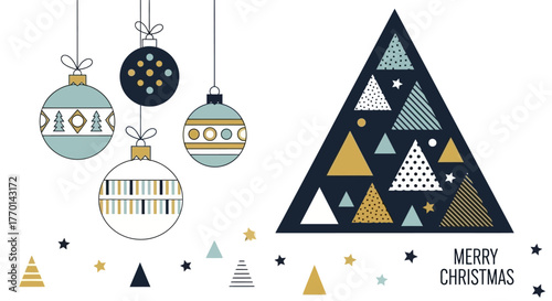 Festive Christmas Card Geometric Tree and Baubles, Merry Christmas Celebration for Holiday Season