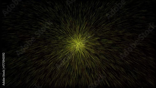 An intense and hypnotic visual of a glowing, chaotic starburst. Thousands of fine lines create a powerful illusion of motion and energy on a vast, dark canvas.
