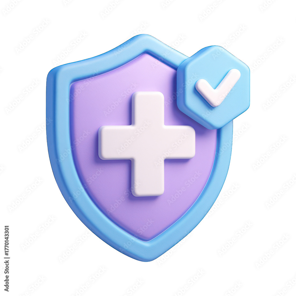 Obraz premium Shield with plus sign & checkmark icon, rendered in pastel 3D