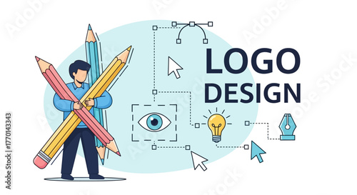 Creative Logo Design Concept Person Holding Pencils with Icons and Text for Branding and Design