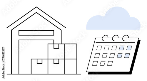 Warehouse with stacked boxes next to a calendar under a cloud symbolizes inventory management, supply chain, and delivery planning. Ideal for logistics, productivity, planning, scheduling, storage