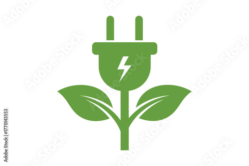 Green energy concept electric plug shaped like a plant, vector art, symbolic Logo